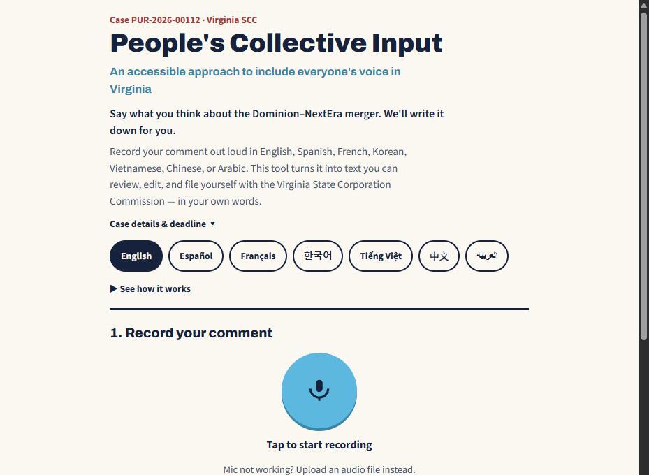 People's Collective Input voice-to-comment tool, offering recording in English, Spanish, French, Korean, Vietnamese, Chinese, and Arabic for Virginia SCC Case PUR-2026-00112